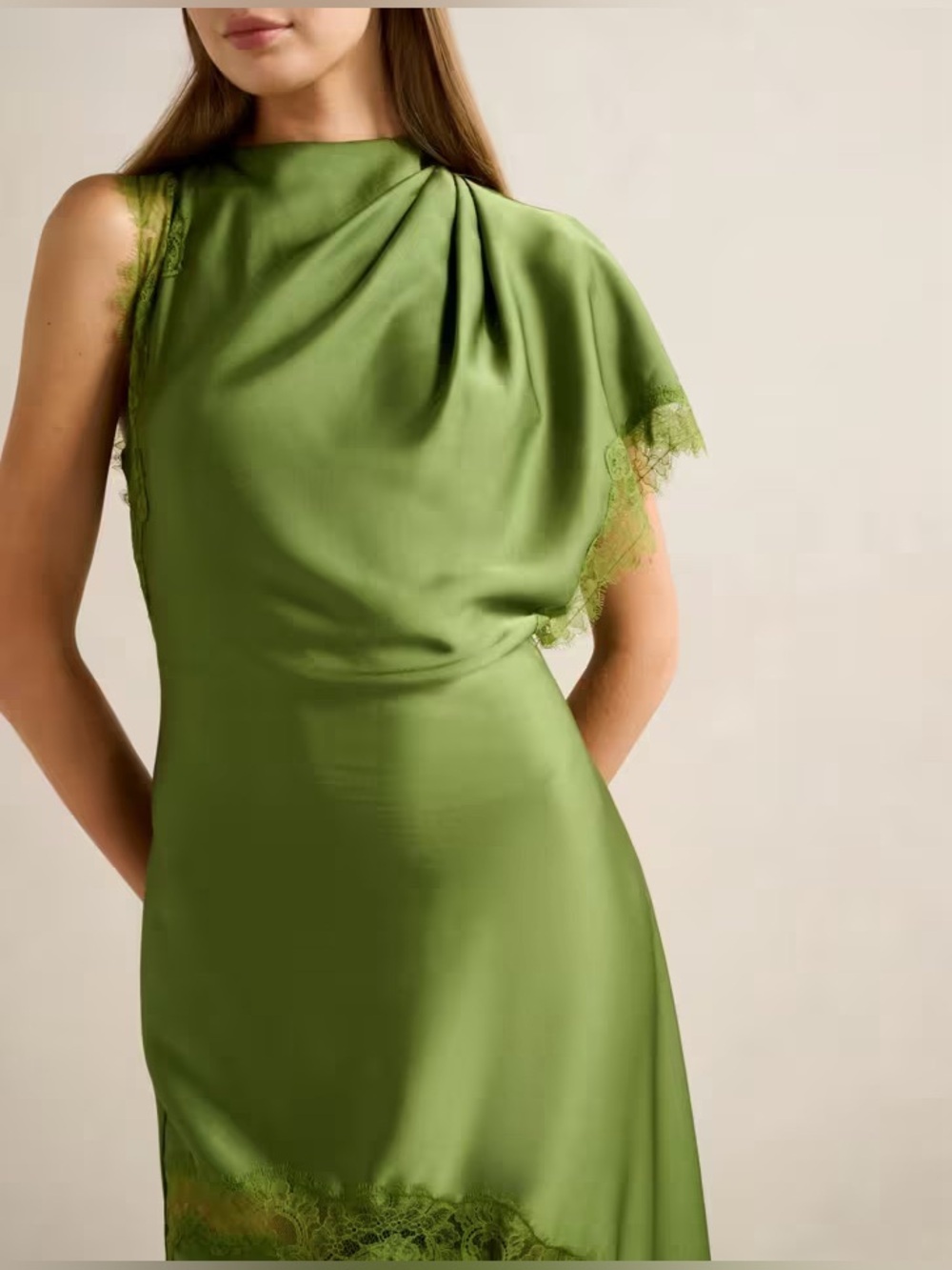 new Ever New Kody Satin Lace Asymmetric Dress maxi gown in olive green - Picture 3 of 12